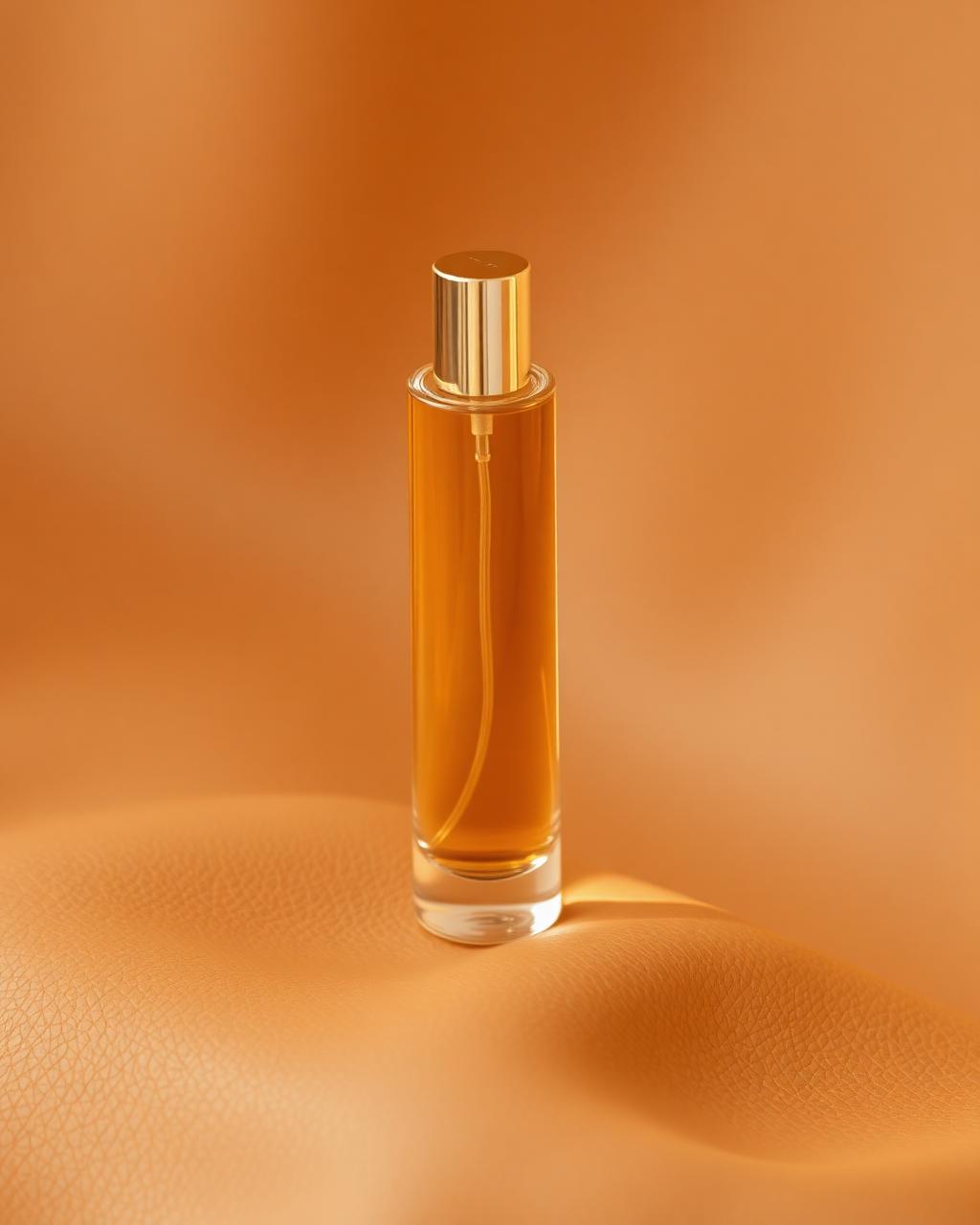 Meridiano — amber-glass bottle on warm sun-bleached leather.